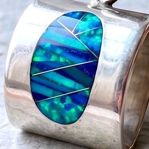 Vintage signed Navajo Sterling Silver Multi-Gem Mosaic Inlay Modernist Pendant