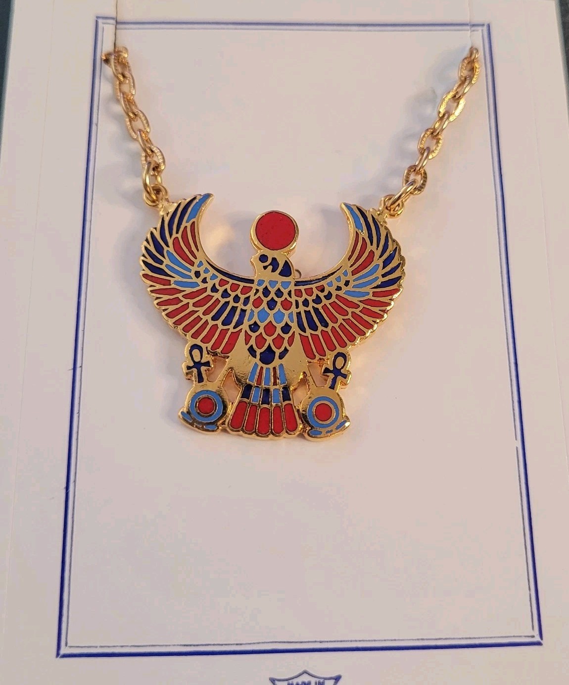 Egyptian Horus Falcon Necklace Red Blue Enamel Sun Disk Ankh Gold Tone New