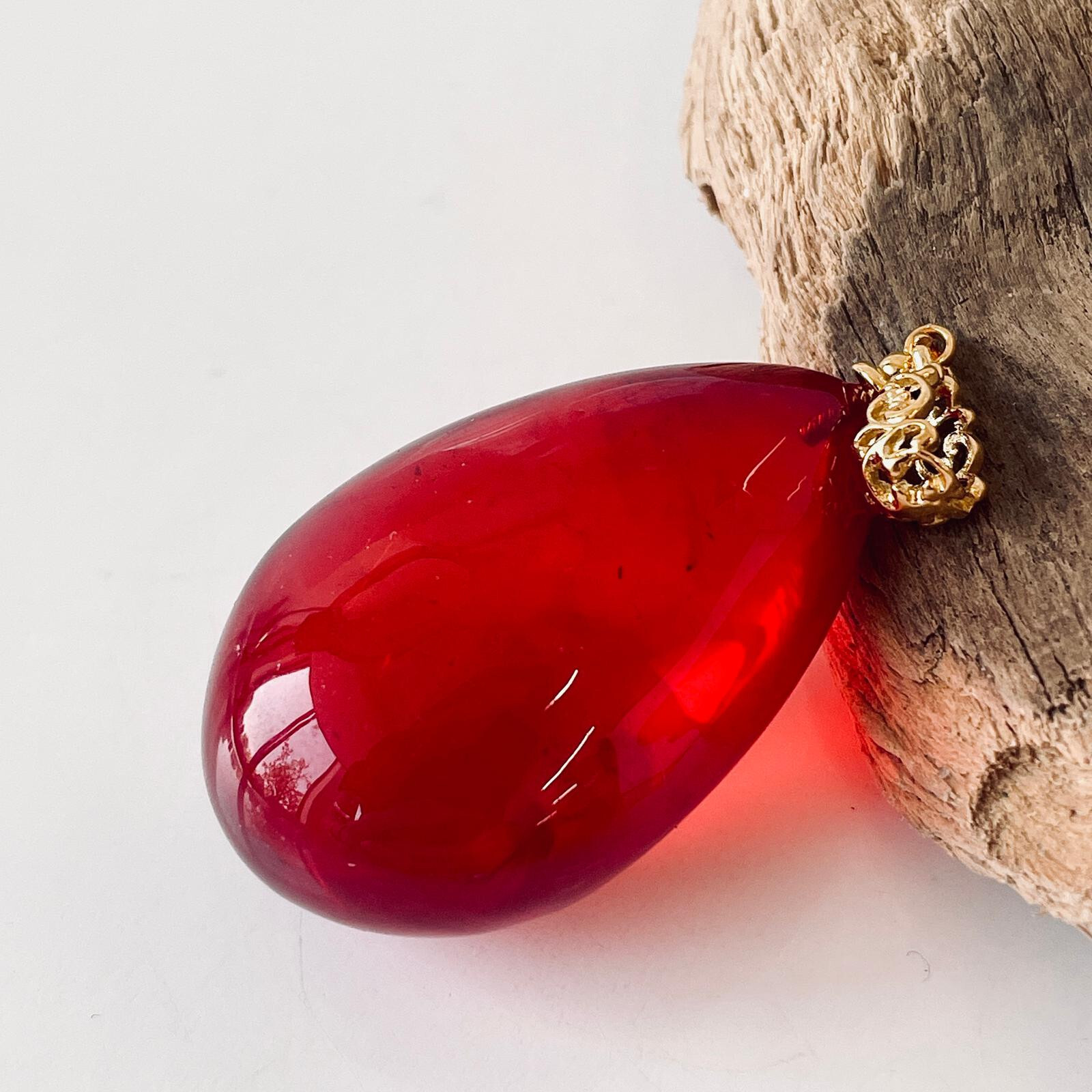 Royal Red Amber Pendant with 925 Gold-plated Silver Drop Shape Pendant