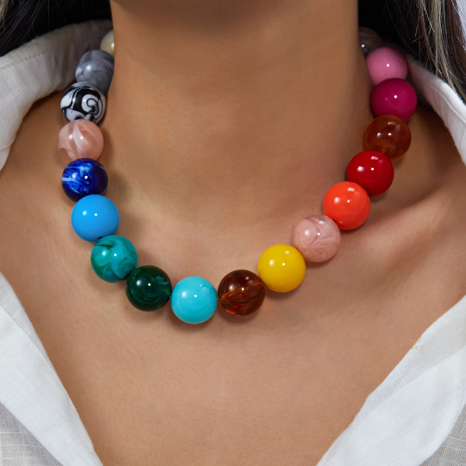 Chunky Dopamine Colorful Resin Bead Necklace for Women Y2K Aesthetic Rainbow Can