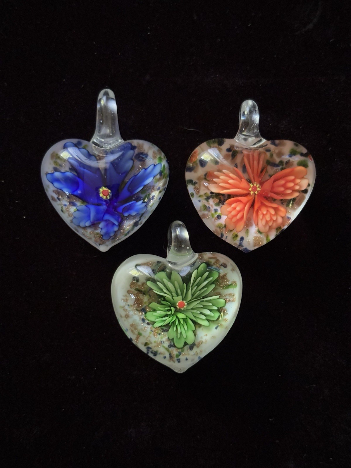 Lot Of 3 Vintage Artisan Handcrafted Lampwork Glass Heart Pendants With Flowers