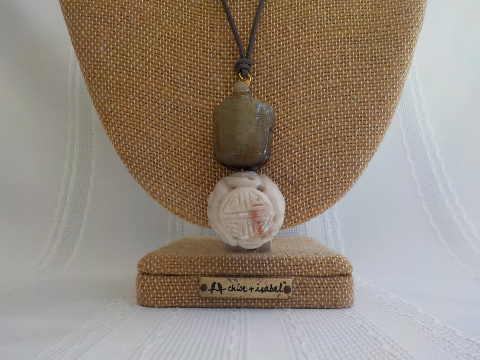 Double Green Turtle Carved Pendant Polished Stone Necklace Ball Detailed