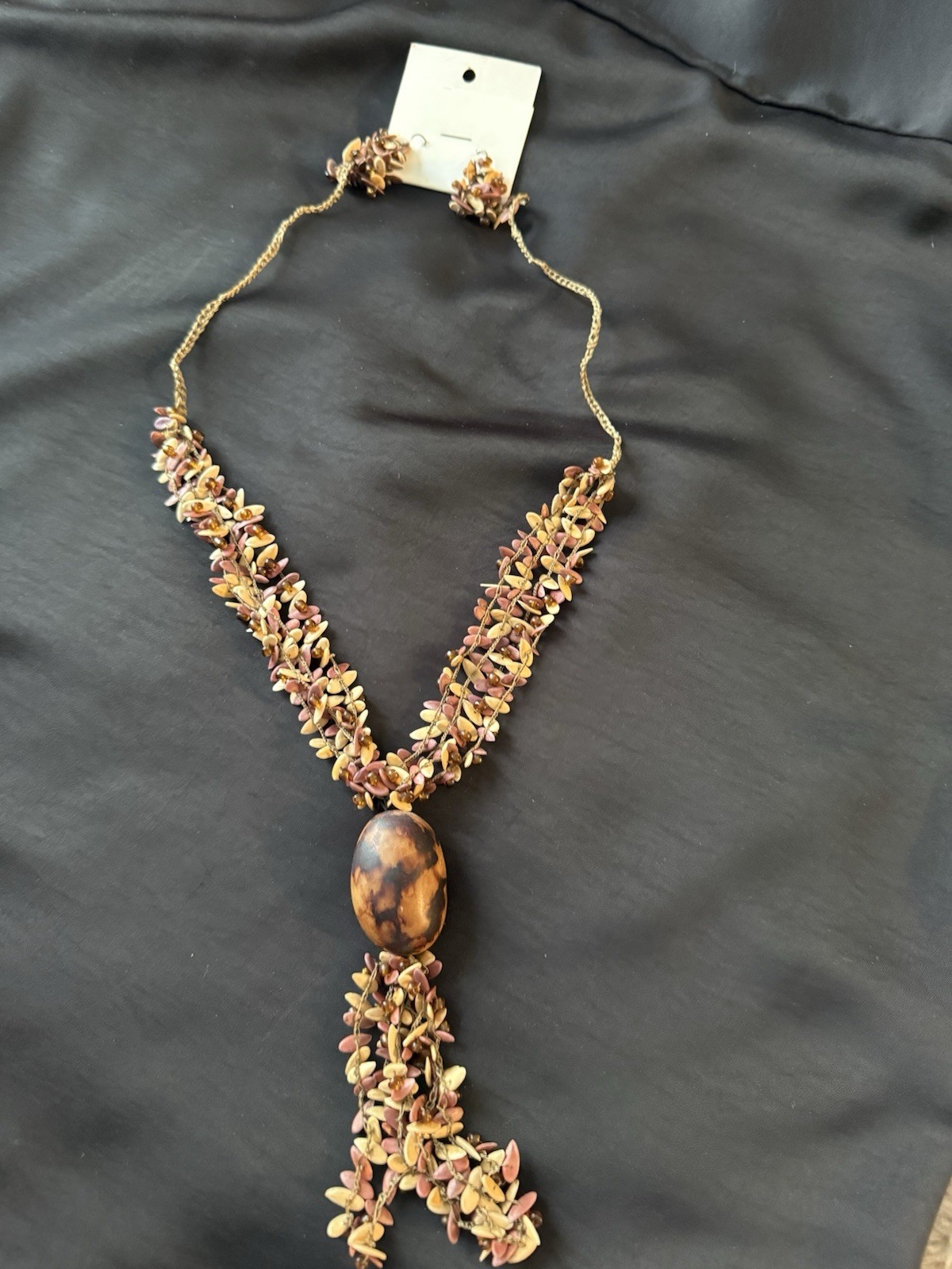 Handcrafted Beaded Statement Necklace Oval Pendant Brown Gold Pink Nature