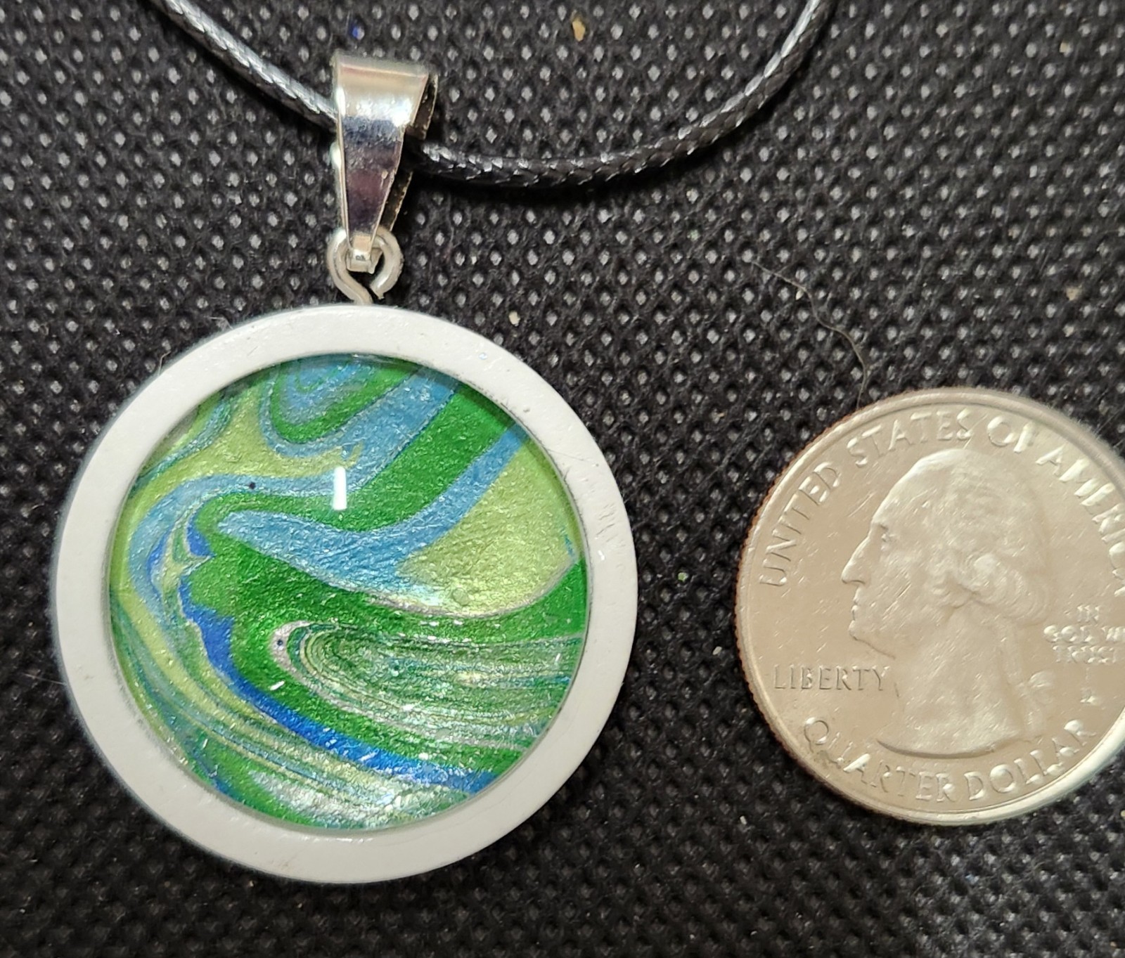 OOAK Metallic Painting Art Under Glass Pendant Necklace On Waxed Cord. Handmade.