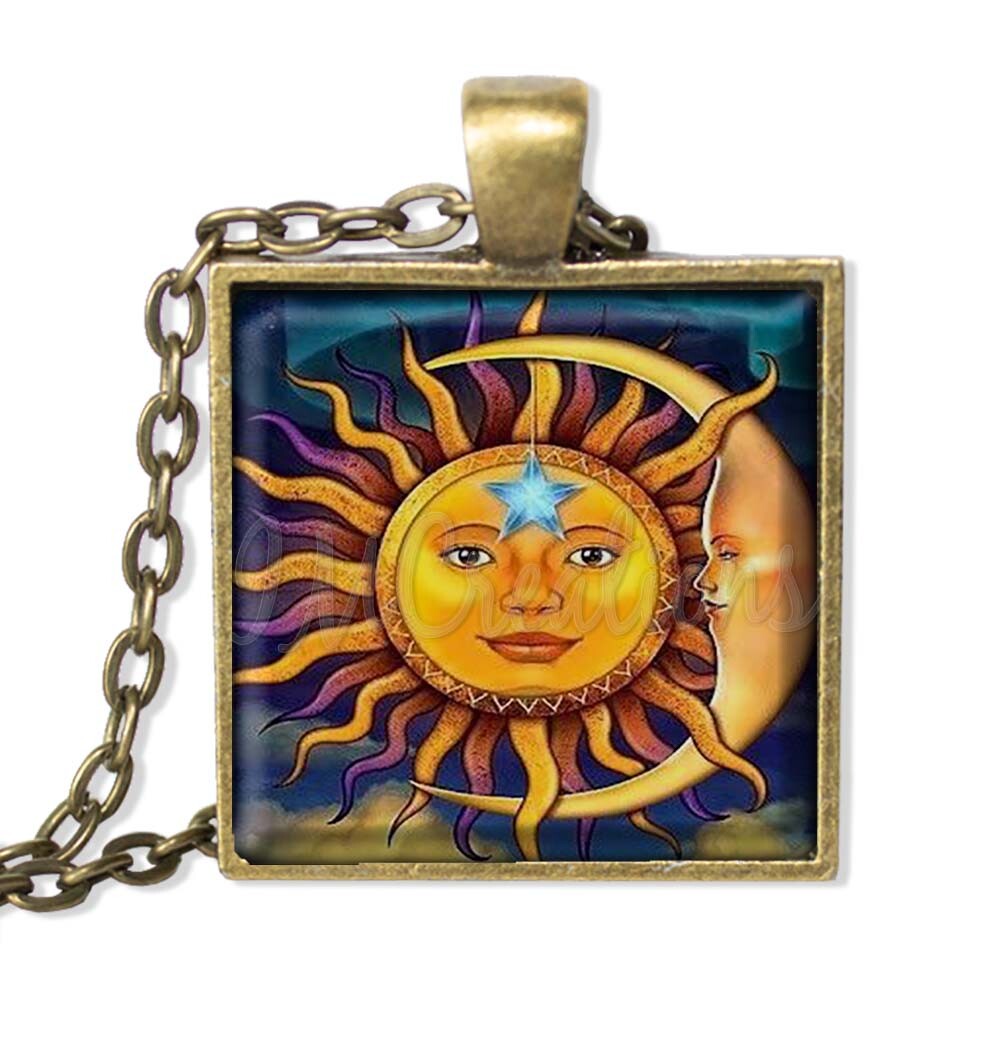 Celestial Retro Sun Moon Mantra Zen Handmade Square Glass Pendant Necklace 25mm