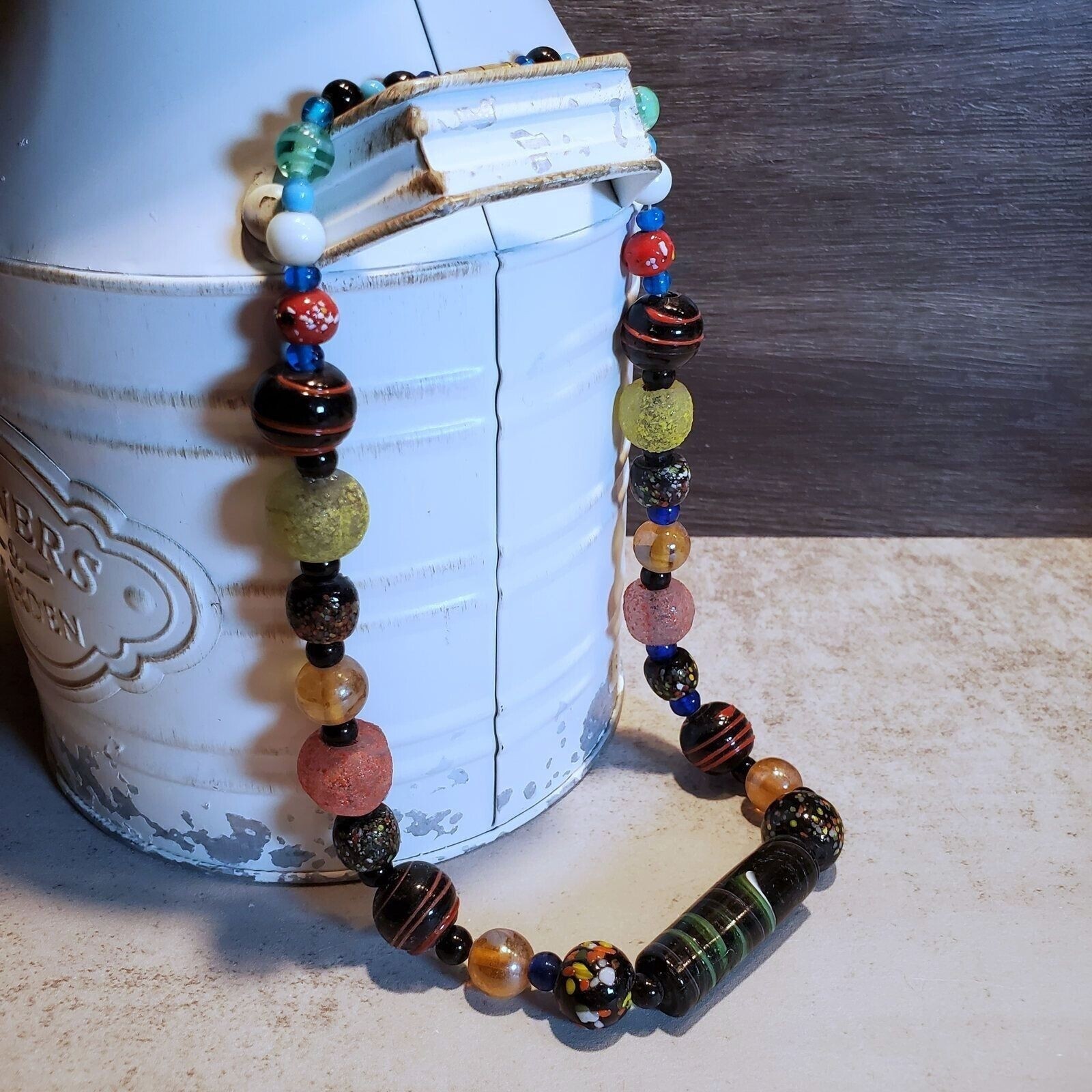 India Artisan Vintage 90s India Artisan Glass Beads Black Multi Necklace OOAK St
