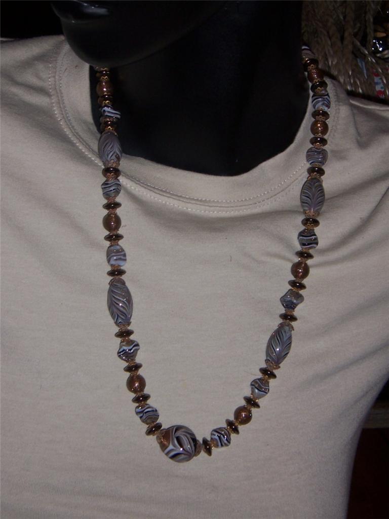 Original Venetian Glass Grays Black and Brown Beaded Necklace 12″
