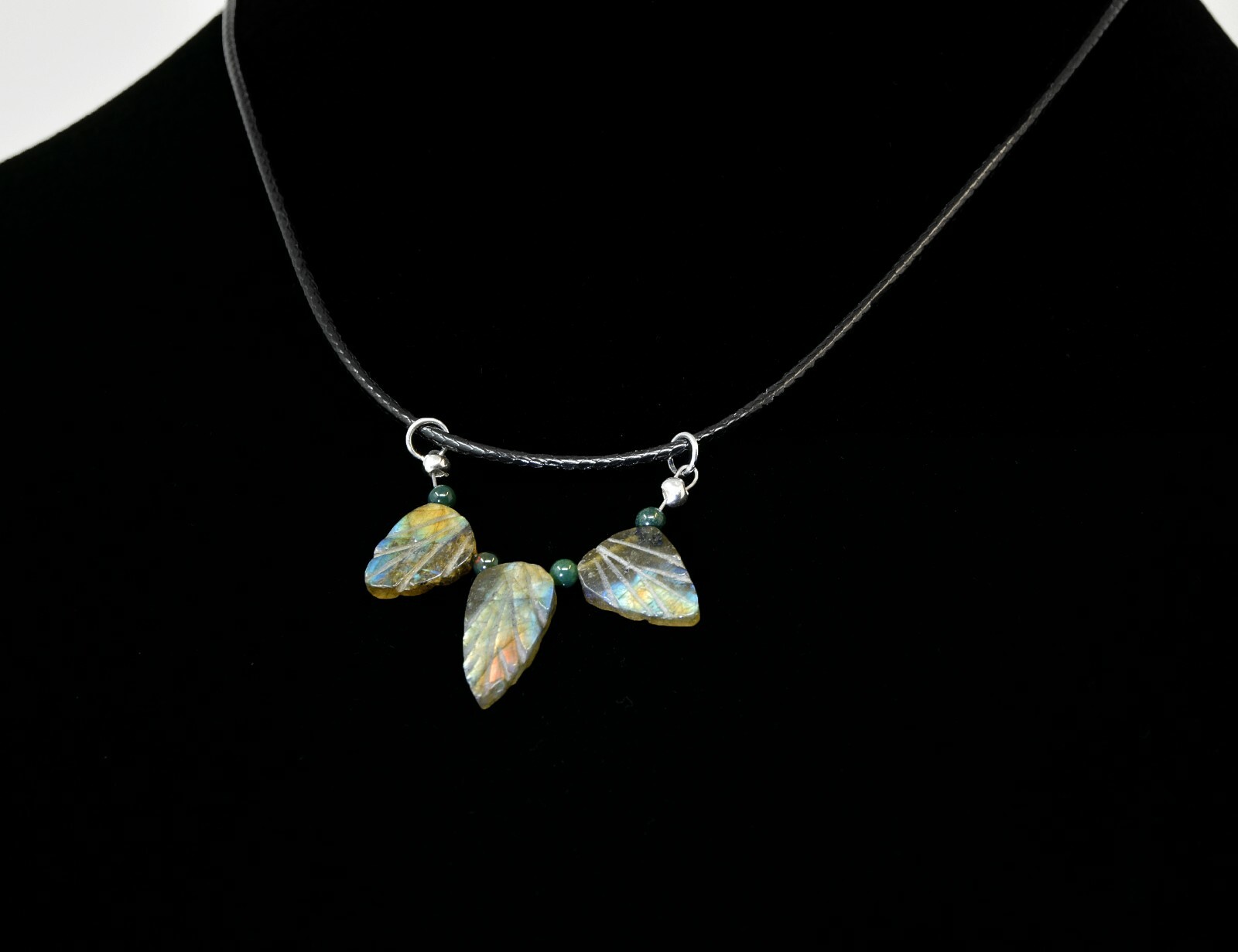 Carved Labradorite Leaf & Green Jasper “Floating” Station Necklace W/ Nylon Cord