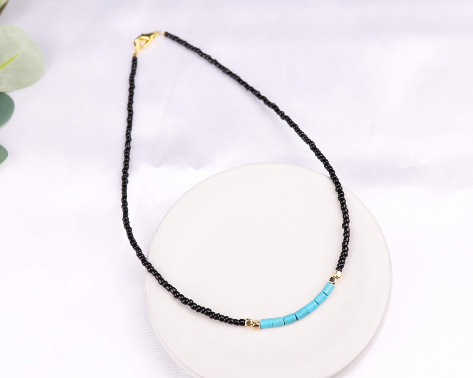 Turquoise Seed Black Beaded Necklace, Light Weight Summer Choker, Beach Choker