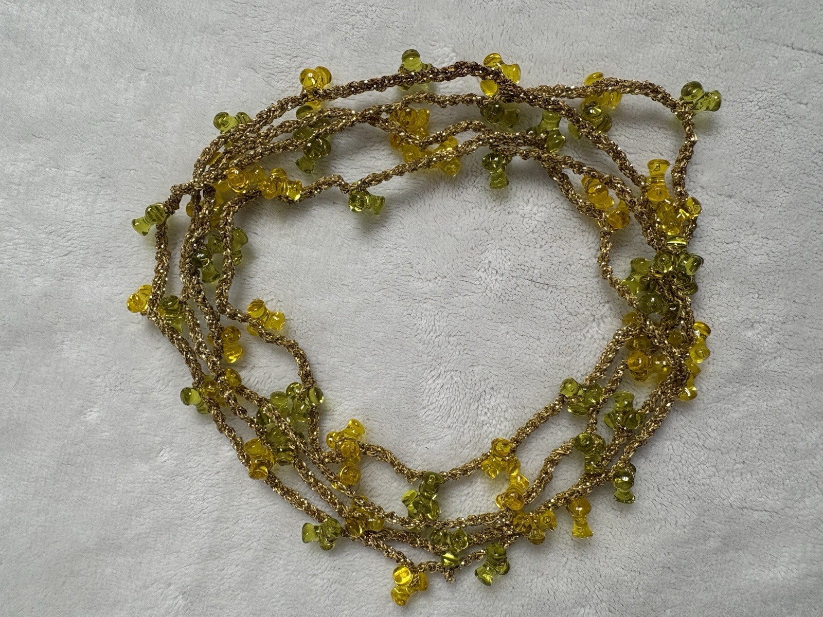 (2) Vintage Green & Yellow/Orange & Brown Tricorner Beaded Gold Thread Necklaces