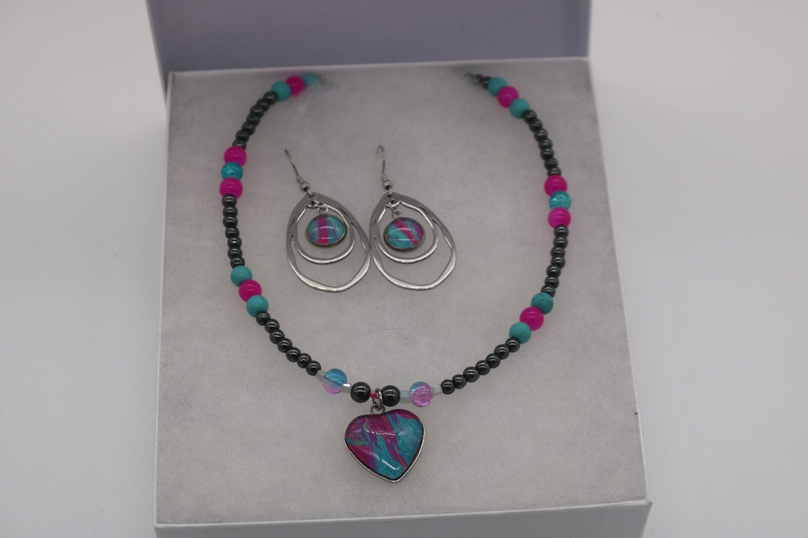 Paint Drip Earrings and Necklace with Turquoise, Hematite, Glass-Pink and Teal