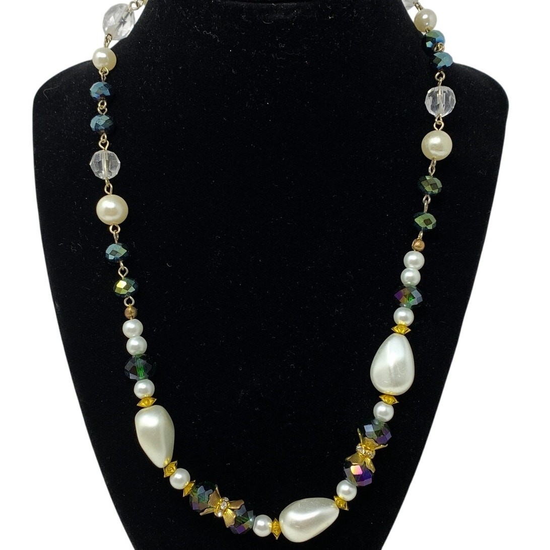Handmade Artisan Beaded Necklace White Pearlescent Beads Multicolor Gold Tone