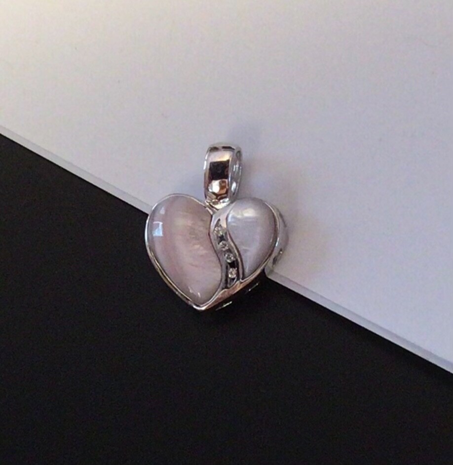 Pale Pink Mother of Pearl Shell Heart Cutout Pendant with Crystal Sterling .925