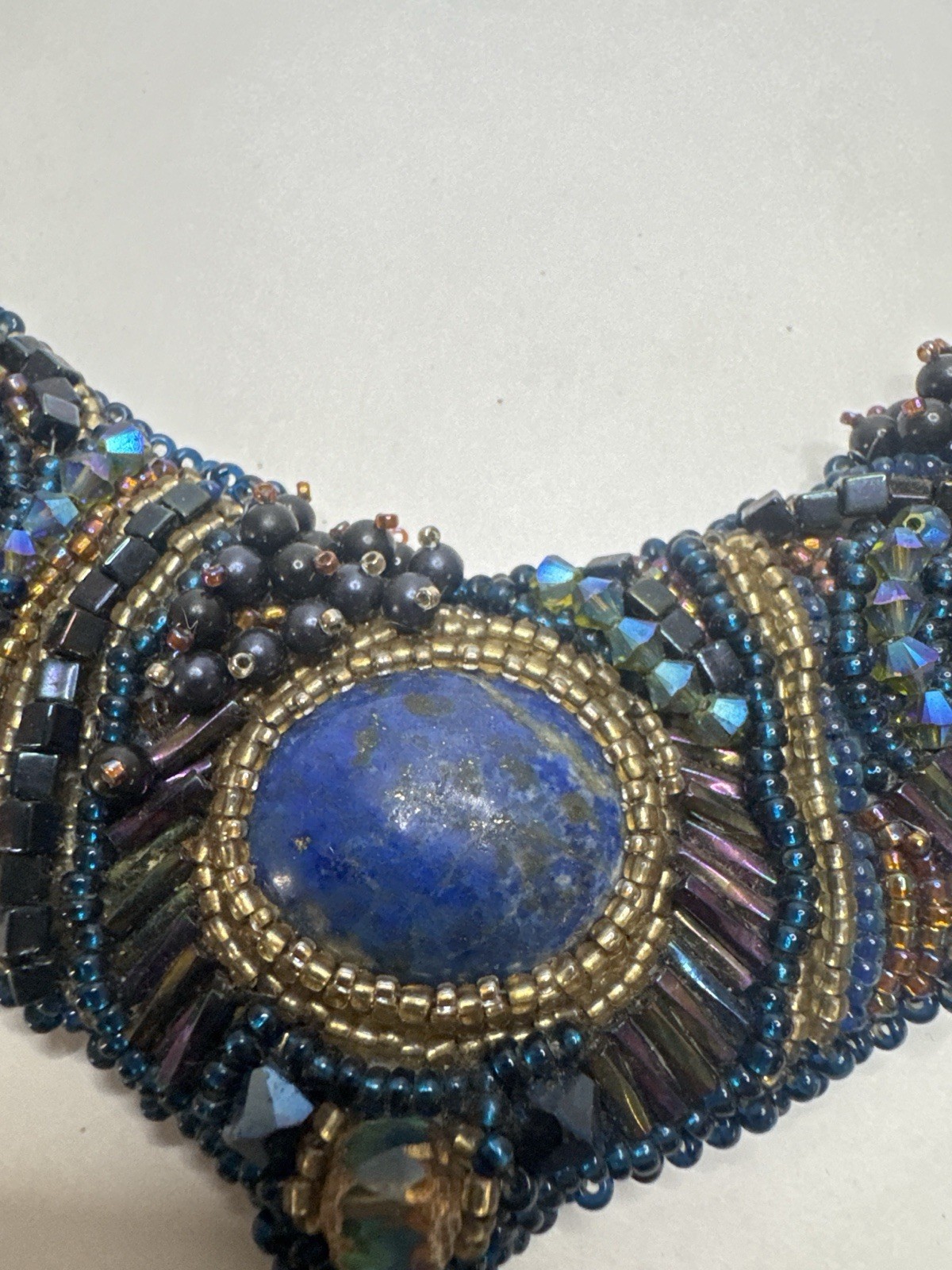 Handmade Beaded Statement Necklace Lapis Lazuli Style Stones Suede Back Vintage