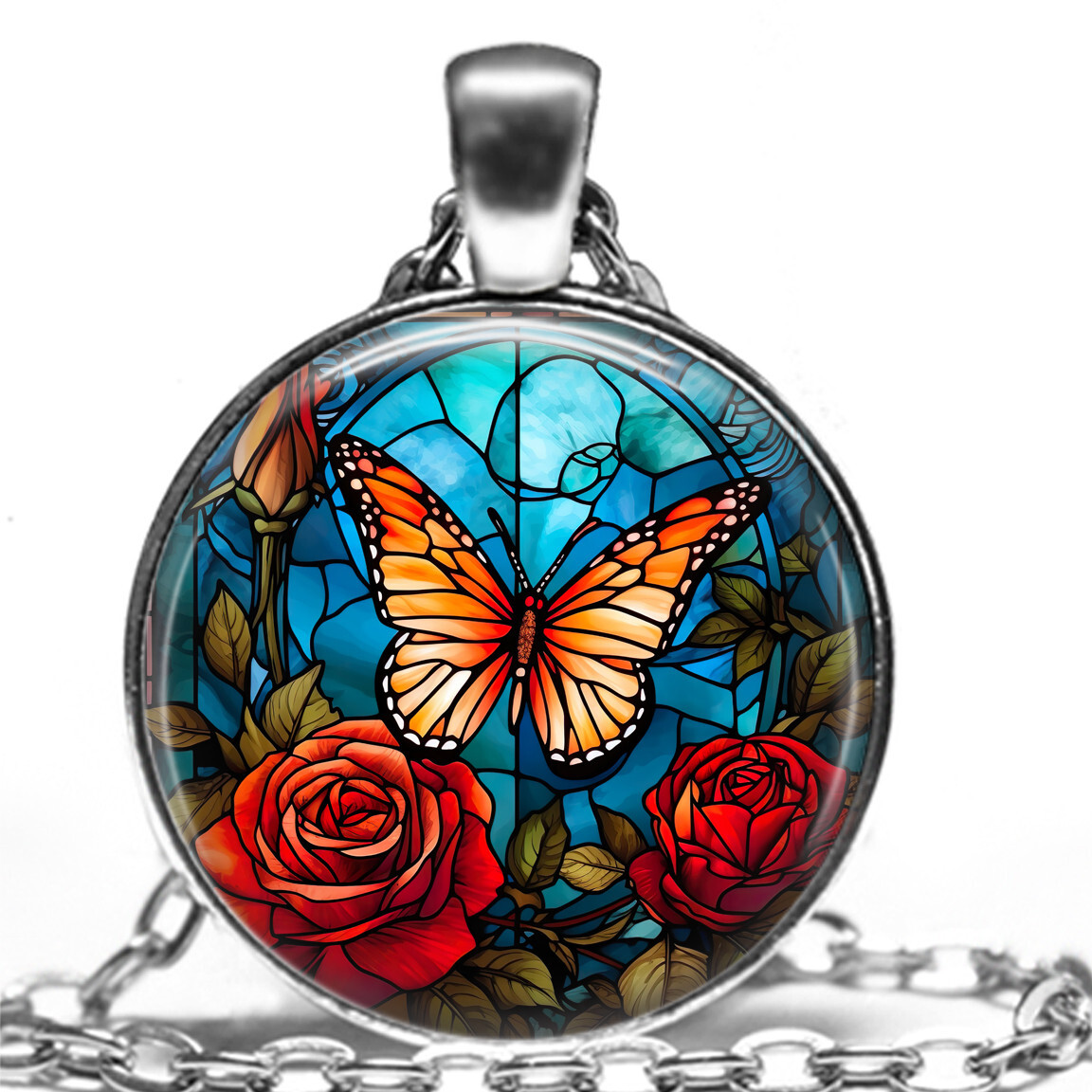 Faux Stained Glass Butterfly in Rose Garden Gift Pendant Necklace 24″ Link Chain