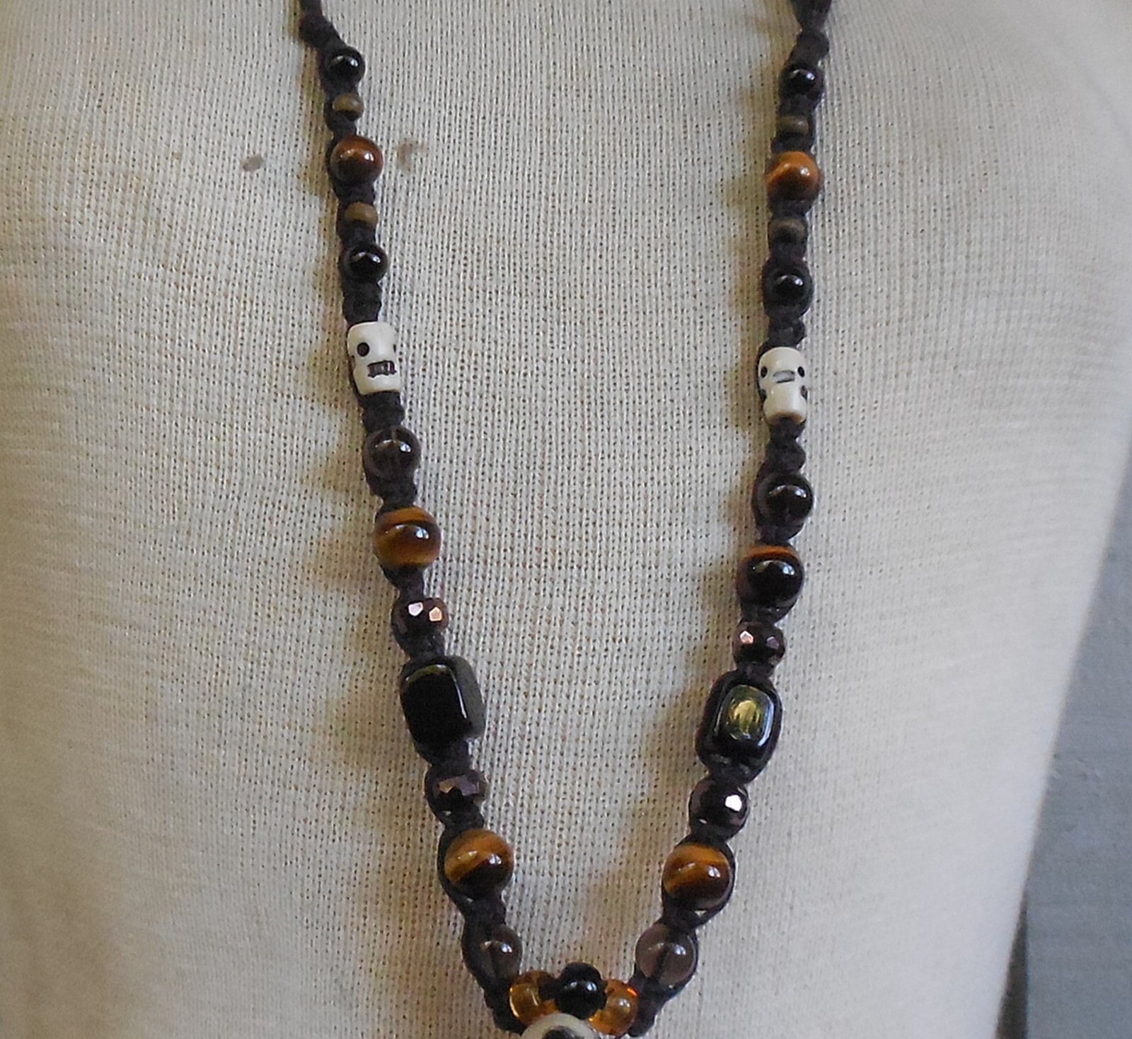 Secret Stash Onyx Antler Hemp Adjustable Necklace Tigers Eye Smoky Quartz Beads