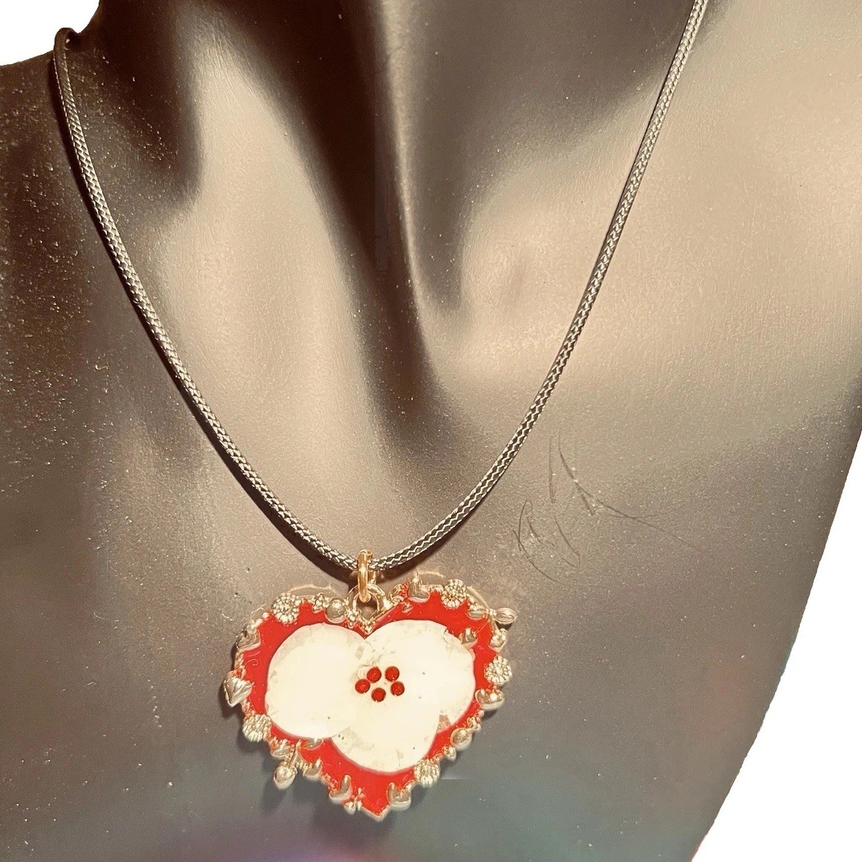 Handmade Red Heart Pendant With White Dried Flower And Bling 18” Adjustable Cord