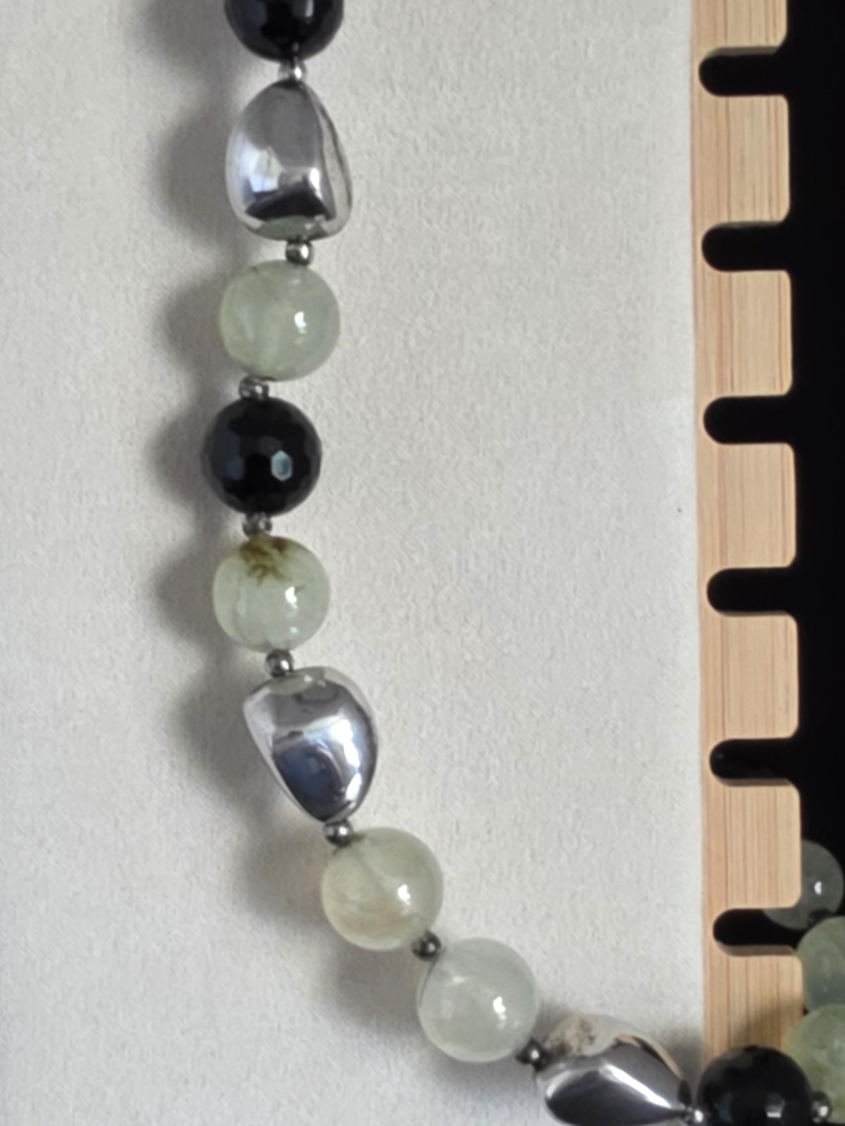 Natural Prehnite Bead Sterling Silver Nuggets Onyx Beads 16″ 2″ Ext Signed J&T
