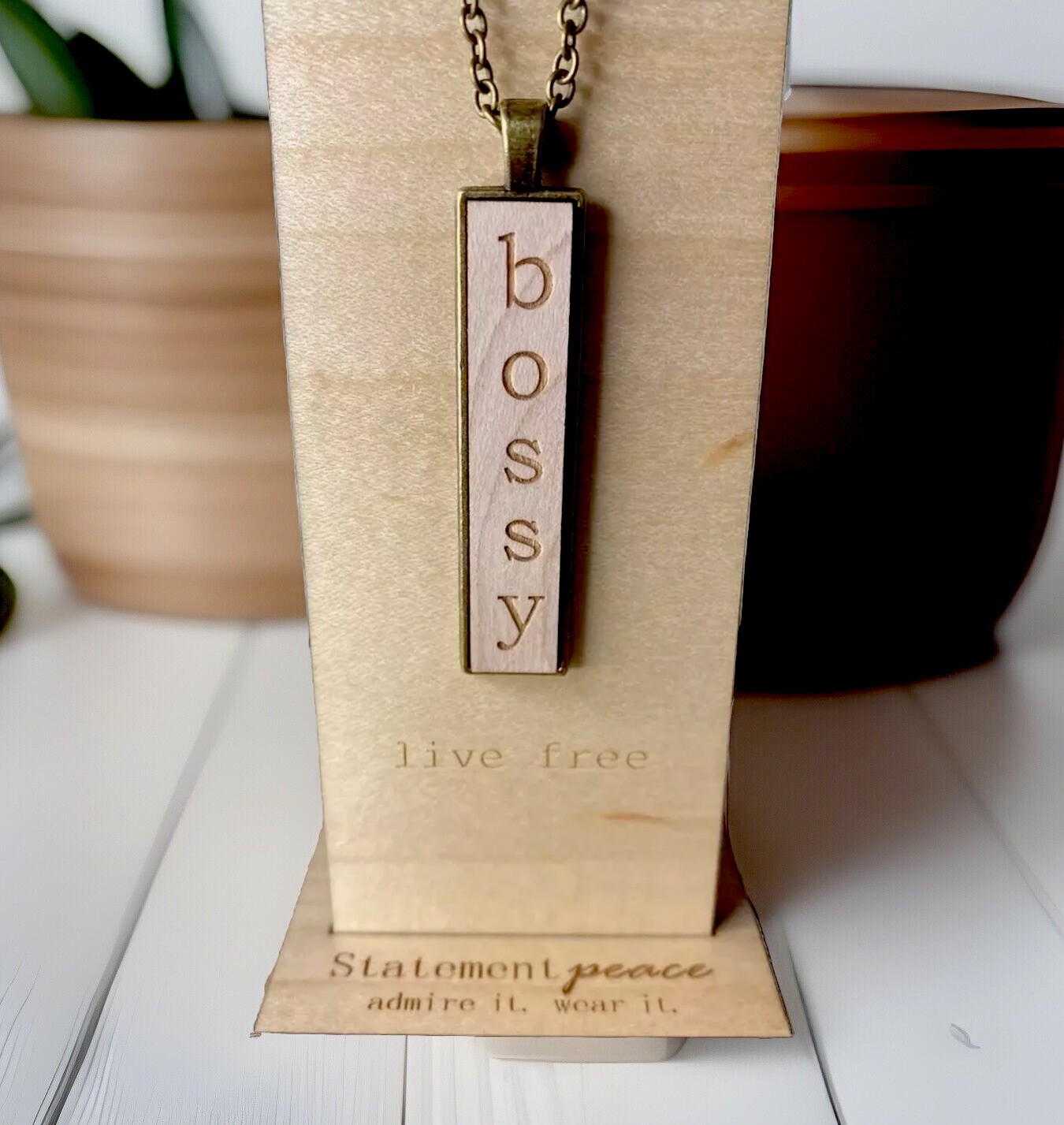 HANDMADE BOSSY Necklace Wood Engraved Pendant Statement Organic Sustainable Gift