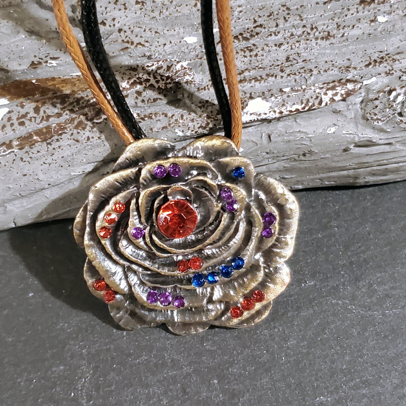 Rustic Antique Bronze Rhinestones Rose Flower Pendant Necklace Vegan Leather