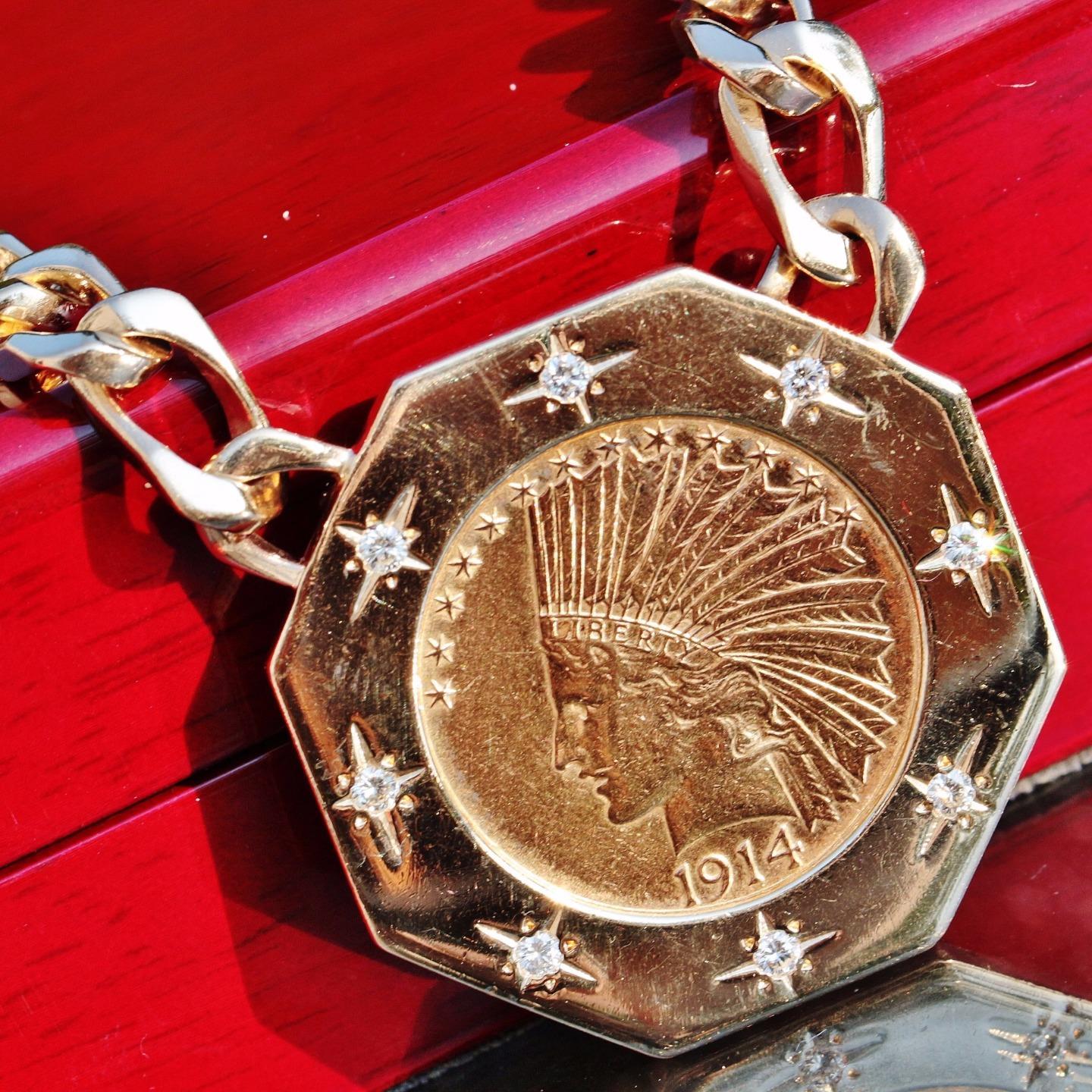 14k yellow gold 1914 $10 Indian head gold coin 0.75ct diamond 19.75″ chain 99.4g