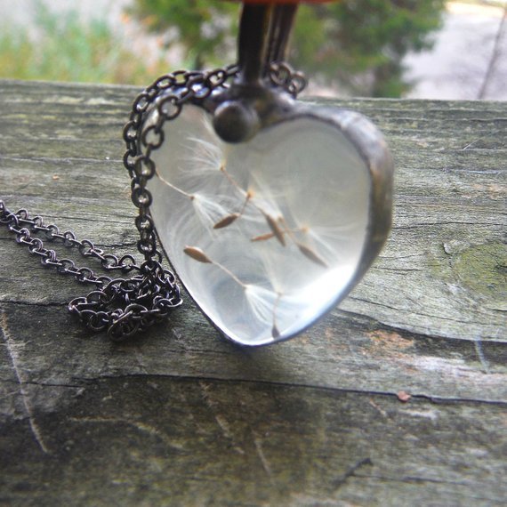 Glass terrarium necklace boho bohemian heart necklace dandelion wish necklace