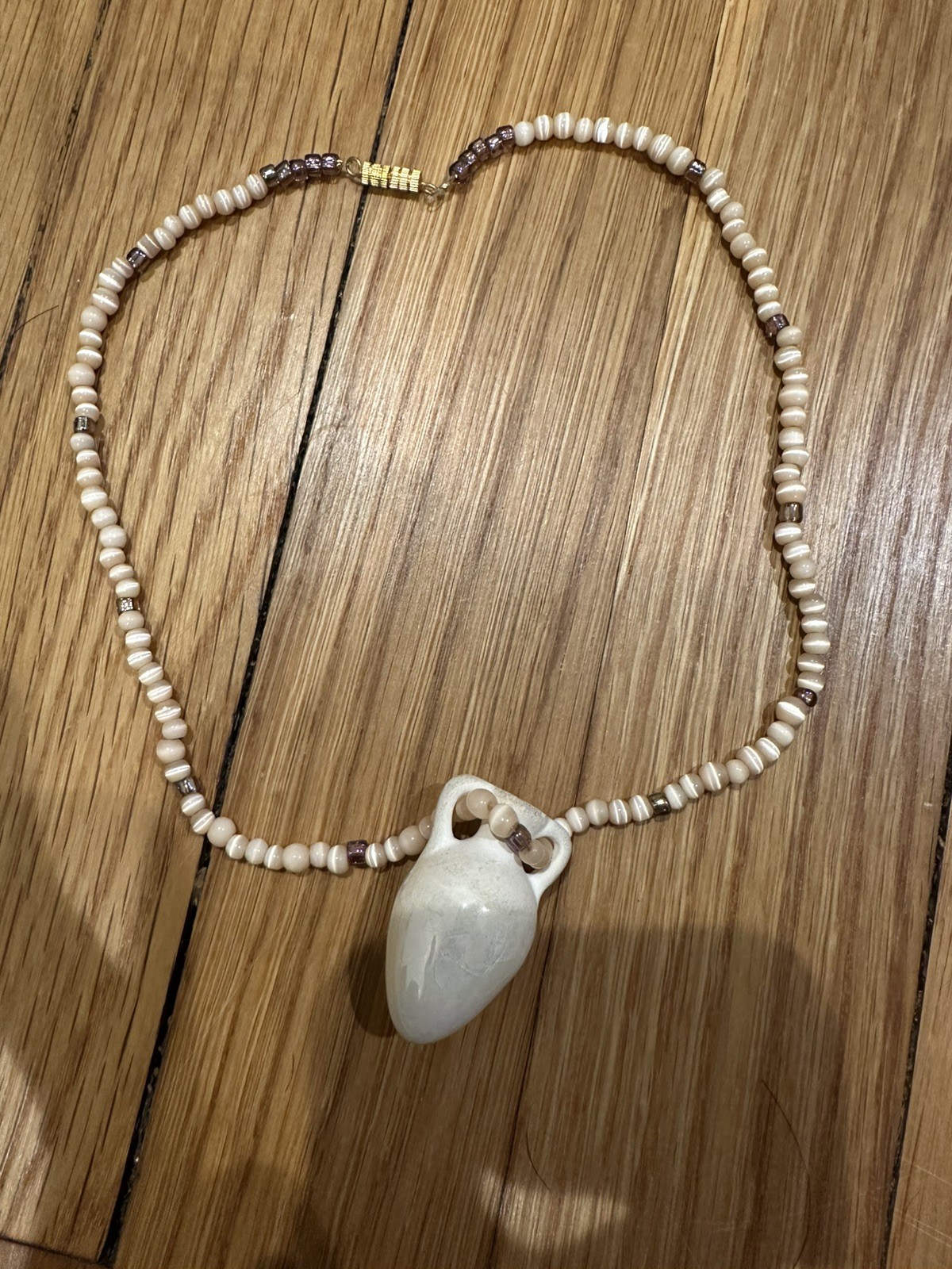 Boho Ceramic Amphora Pendant Necklace Cat’s Eye Beaded Vintage Artisan Jewelry
