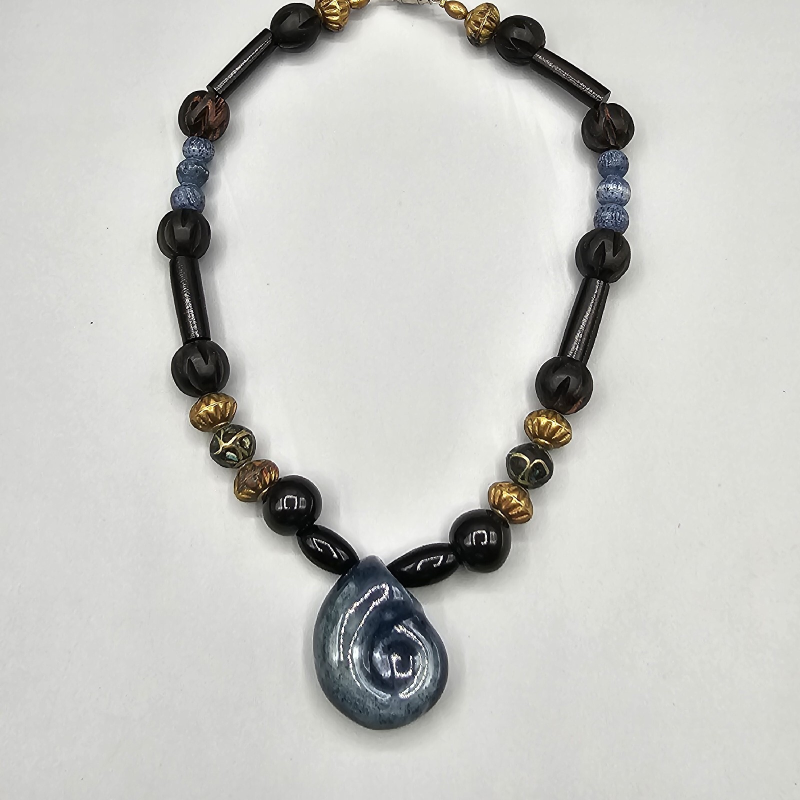 Artisan Necklace Ceramic Nautilus Blue Glazed Beaded Chain Boho Wood Acrylic 16″