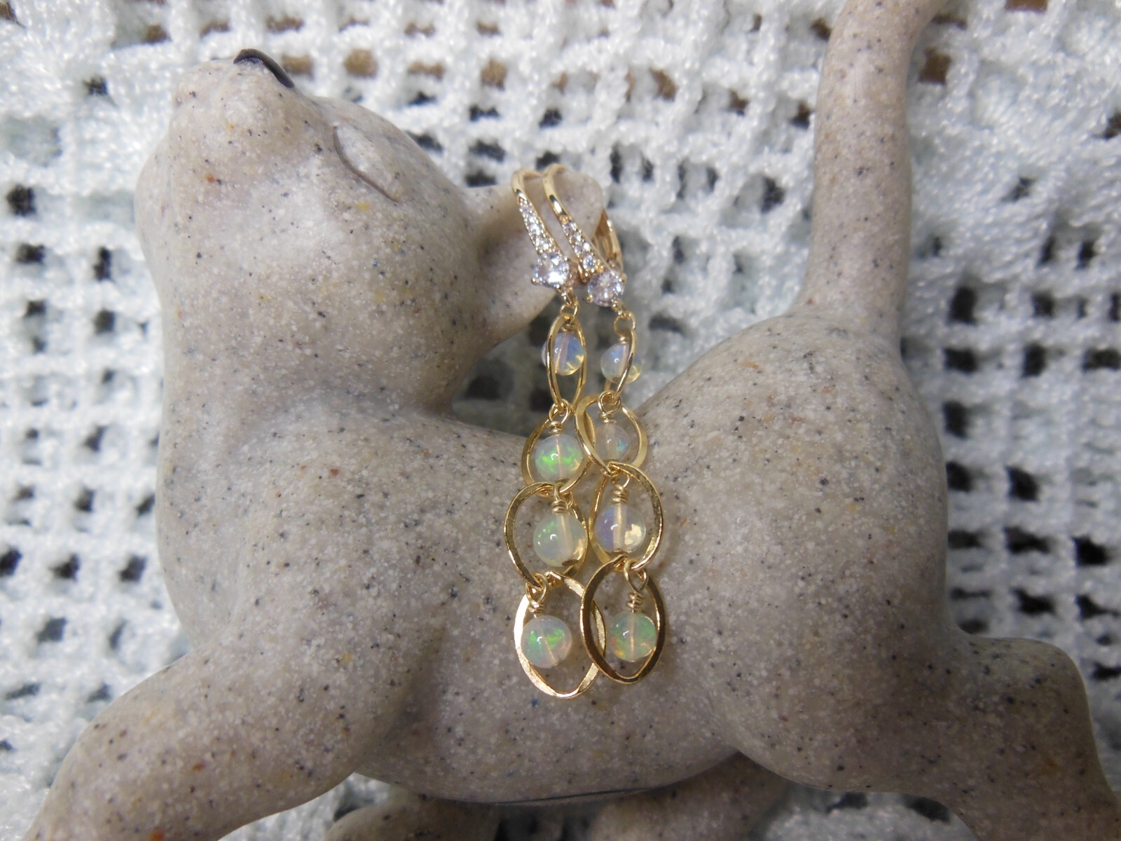 White Opal Cubic Zirconia Earrings Handmade Gold Filled 1.14″