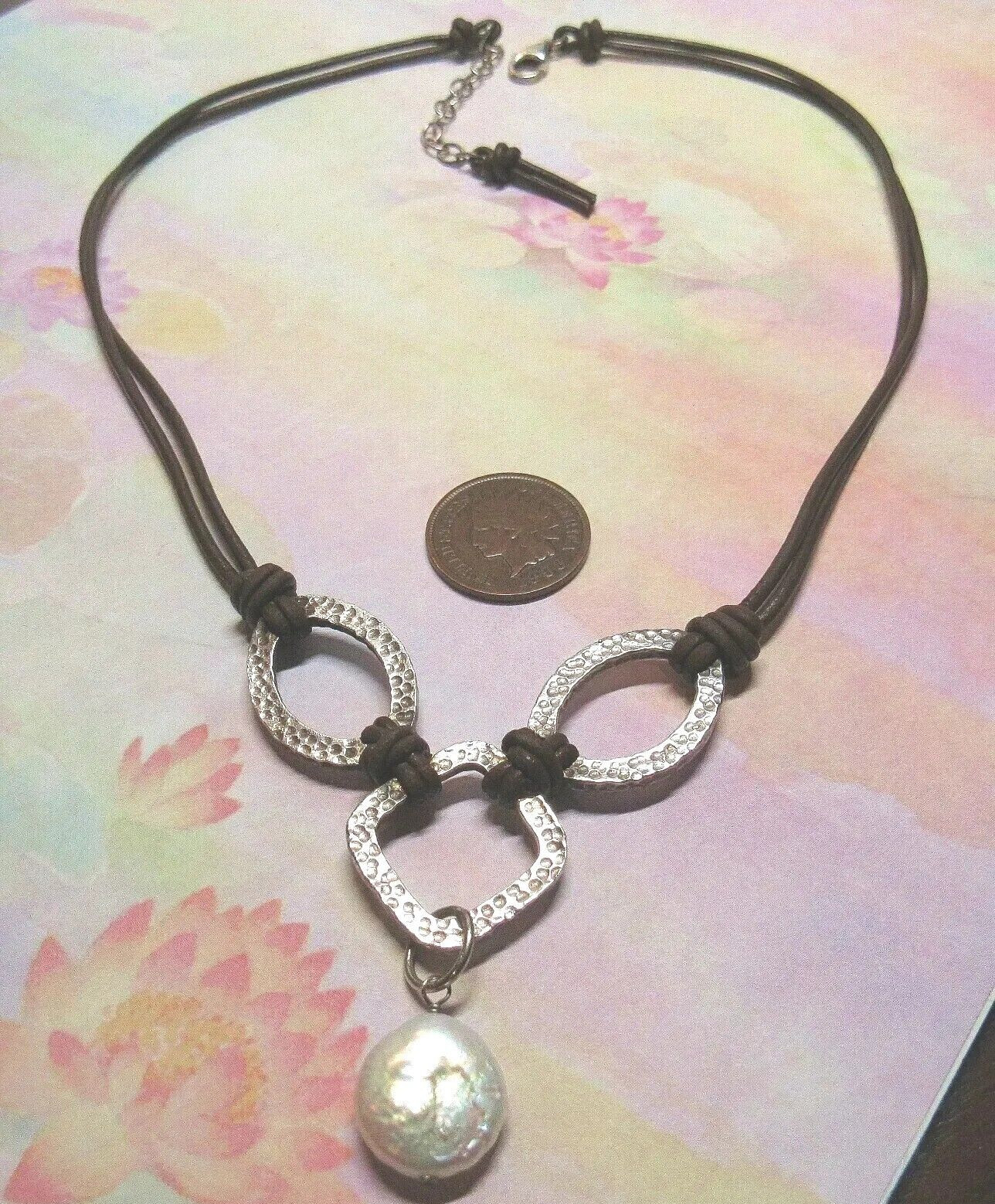 Silpada N1257 Solid 925 Sterling Silver 18″ Hammered Pearl Necklace Leather Cord