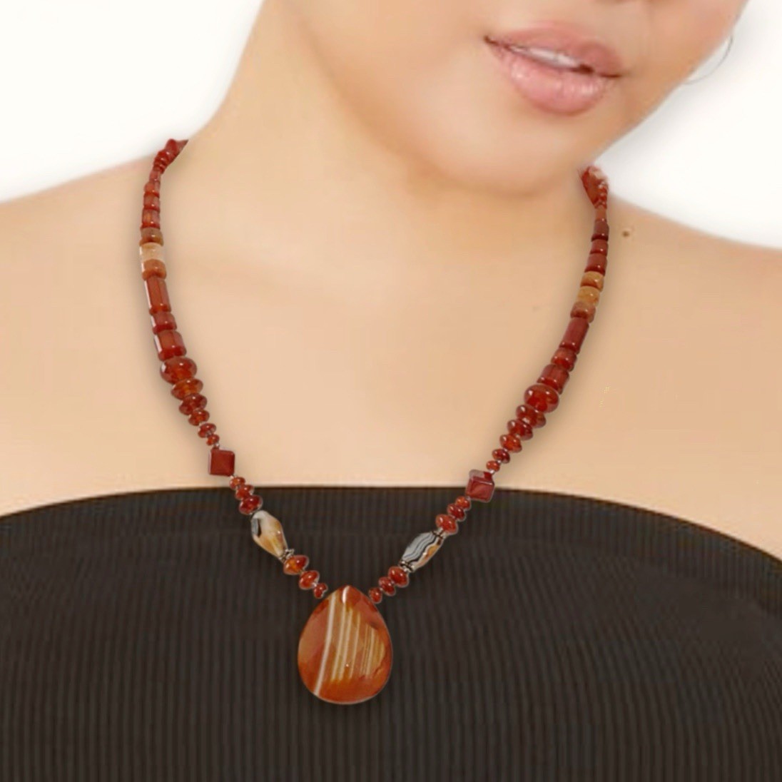 Artisan Red Agate Stone & Sterling Silver Pendant Bohemian Beaded Necklace