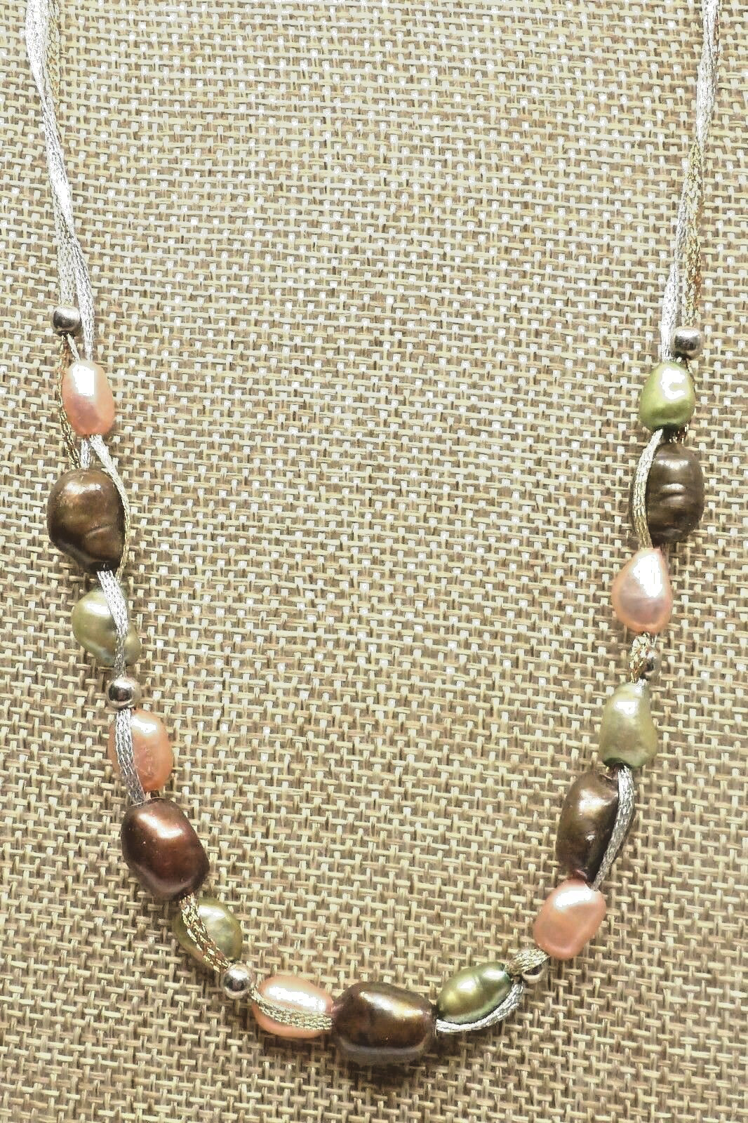A48) Sterling Silver & Freshwater Pearls – Apricot, Green, & Brown on Satin Cord