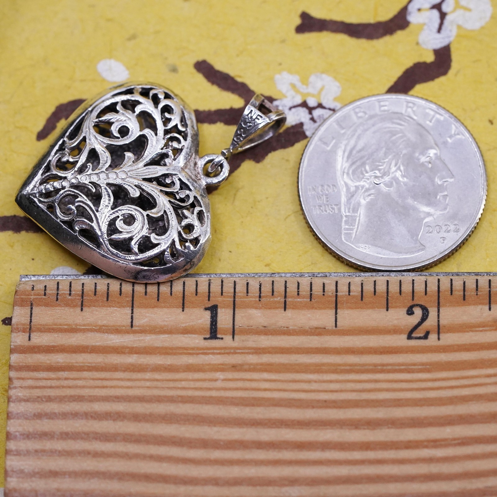 VTG Sterling silver handmade double side pendant, 925 filigree heart pendant
