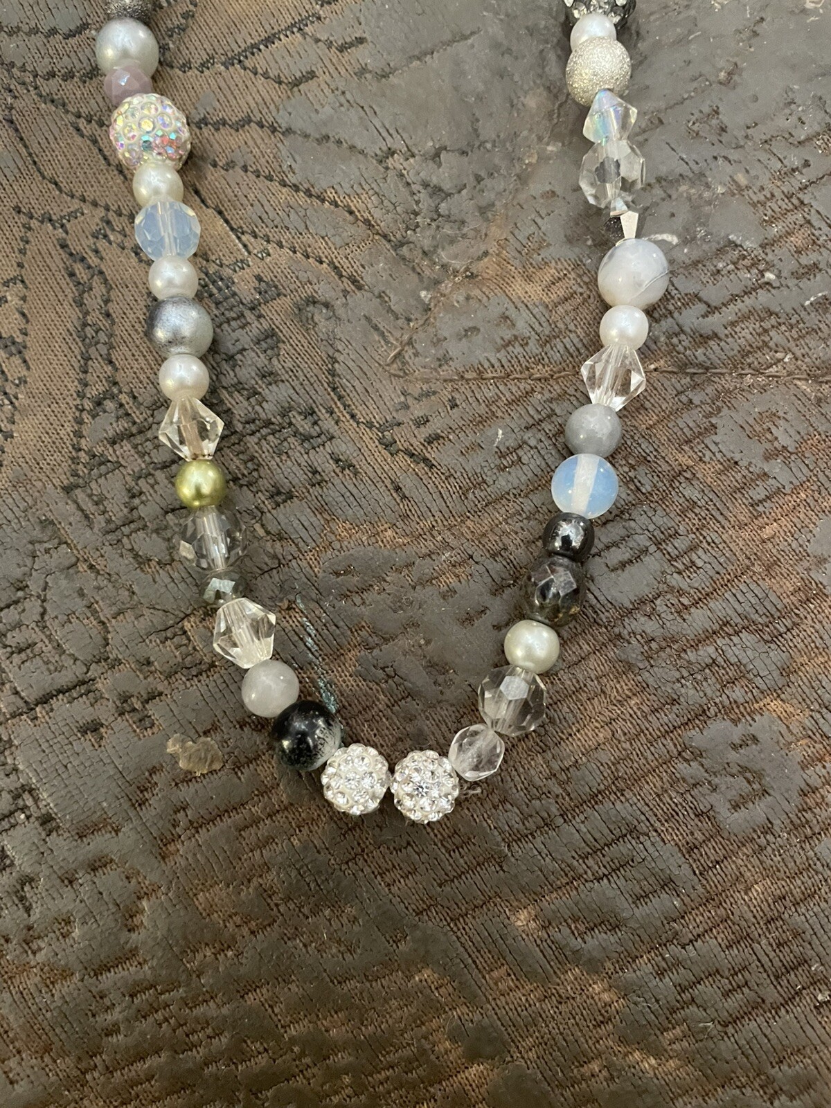 Vintage Pearl Crystal Pave Ball Silver Bead Single Strand Necklace – 18”L