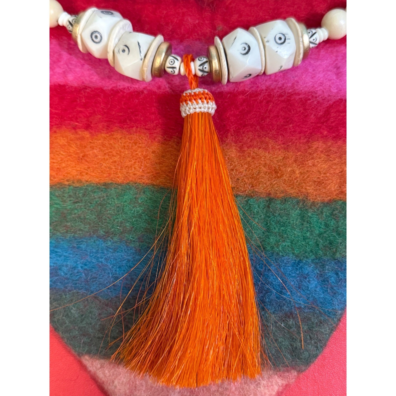 Carolina Strung Wood Bead Horsehair Tassel Necklace Boho Tribal Eye Motif Long