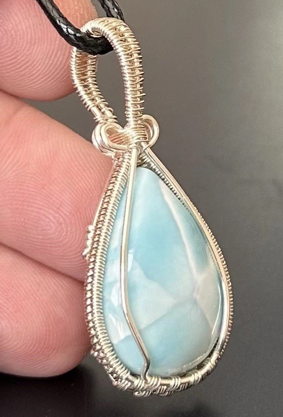 Larimar ~Handmade Non Tarnish Fine .999 Silver Plated wire wrapped pendant 12e