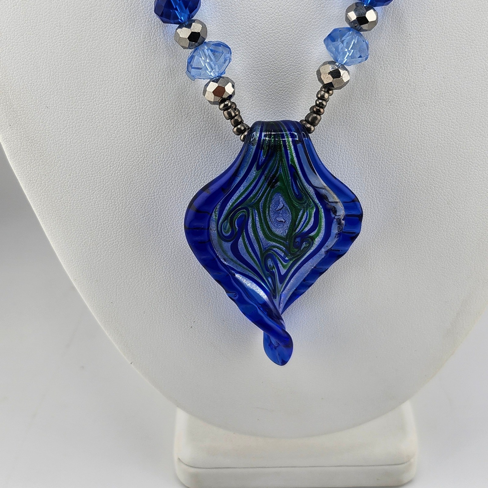 Blue Art Glass Pendant Necklace Statement Bead Boho Jewelry Fashion