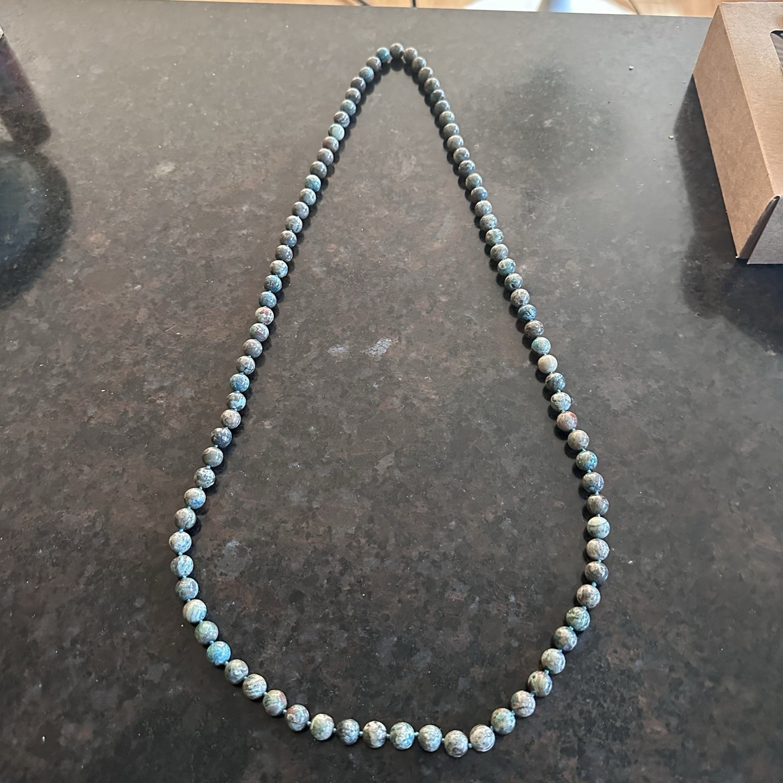 Jasper Blue Green Natural Stone Silk Knotted Bead Long Necklace 41”