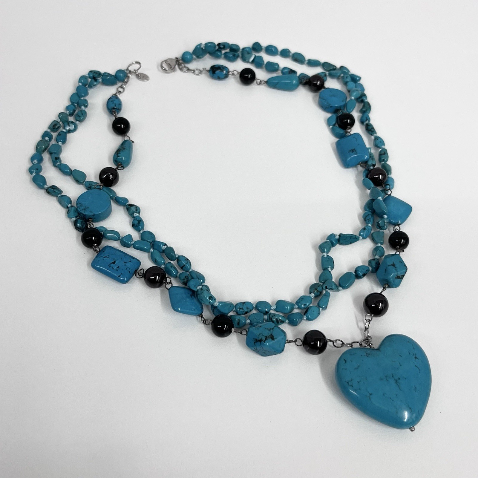 LUC Lucas Lameth Sterling Turquoise Onyx Triple Strand Heart Necklace 19″ Long