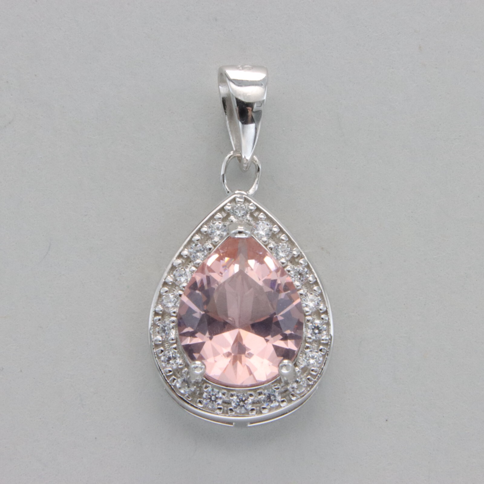 Drop Pink / Rose MORGANITE Pendant with CZs 925 STERLING SILVER Rhodium #102e