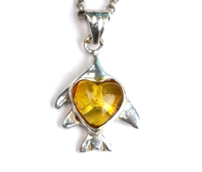 Natural Clear Orange Yellow Amber .925 Sterling Silver Fish Heart Pendant 36mm