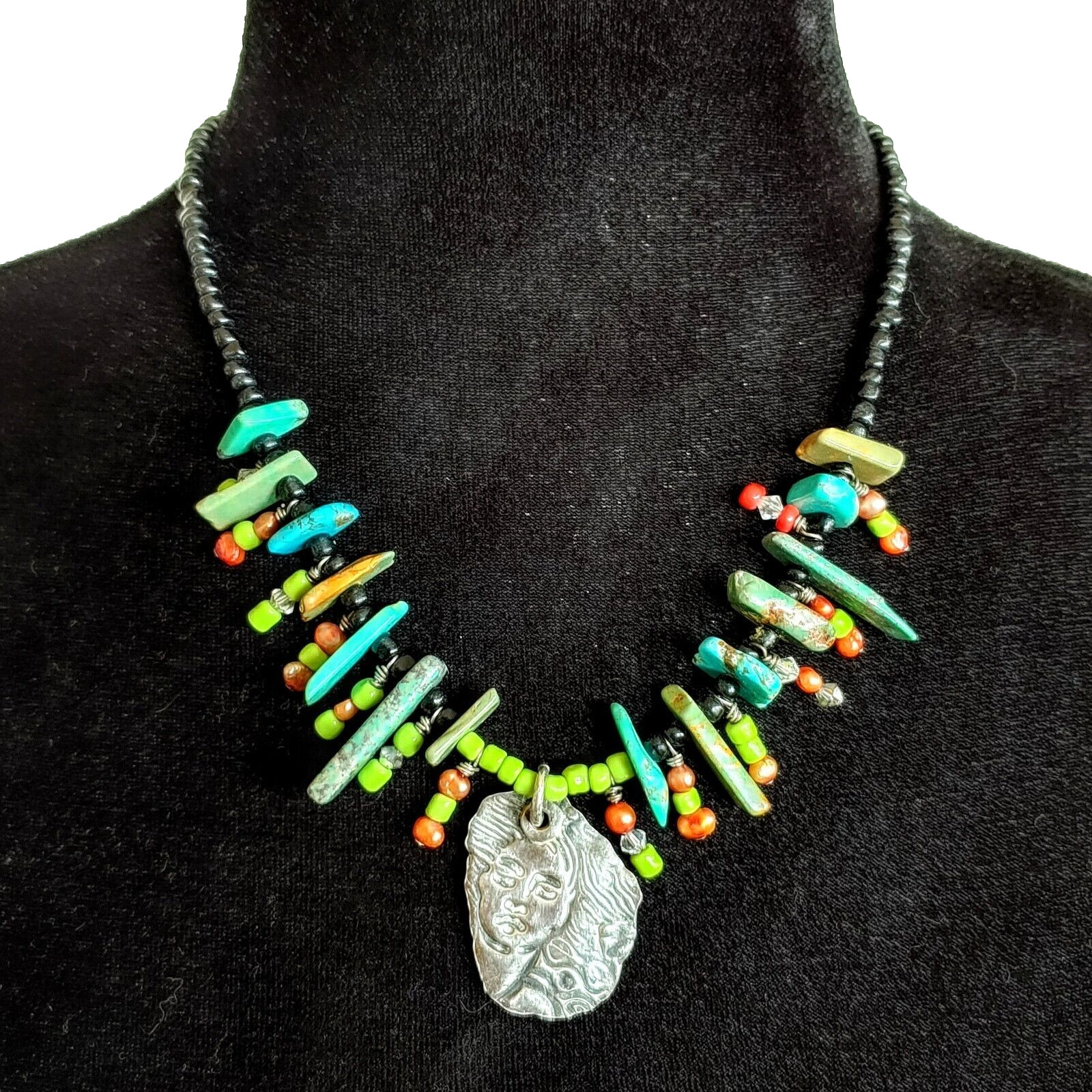 Artisan Sterling Silver Turquoise Beaded Goddess Reversable Necklace 19″
