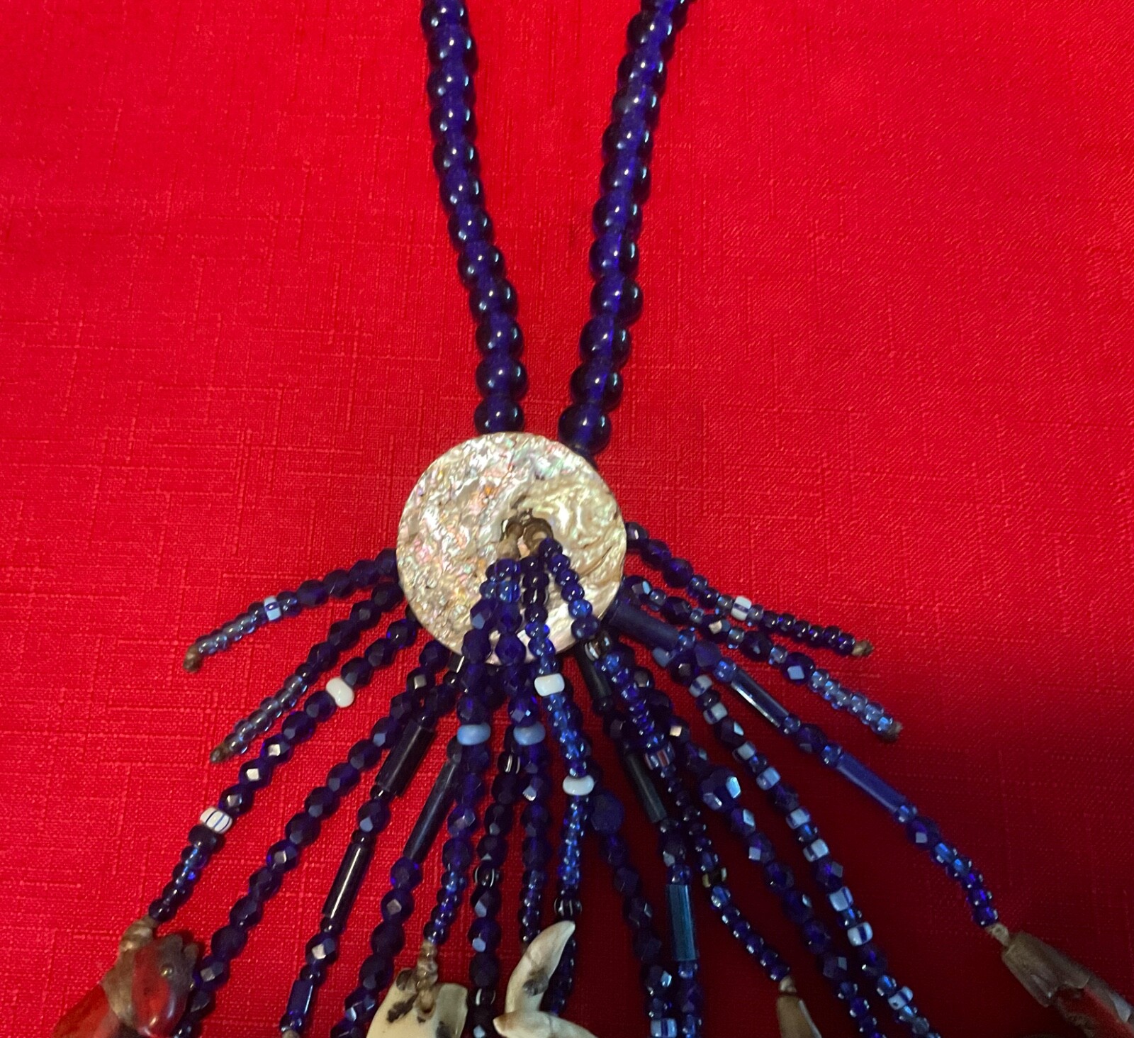 Vintage Medicine Man Fetish Necklace Cobalt Beads Old Coins Turquoise Abalone