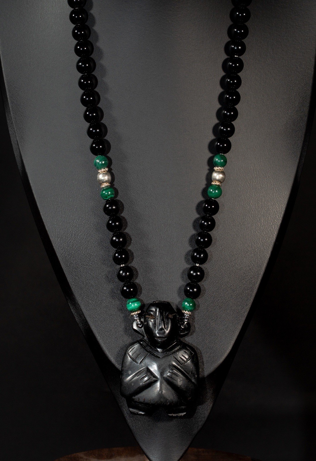 Handcrafted Beaded Necklace Figurine Pendant Black Obsidian 925 sterling silver