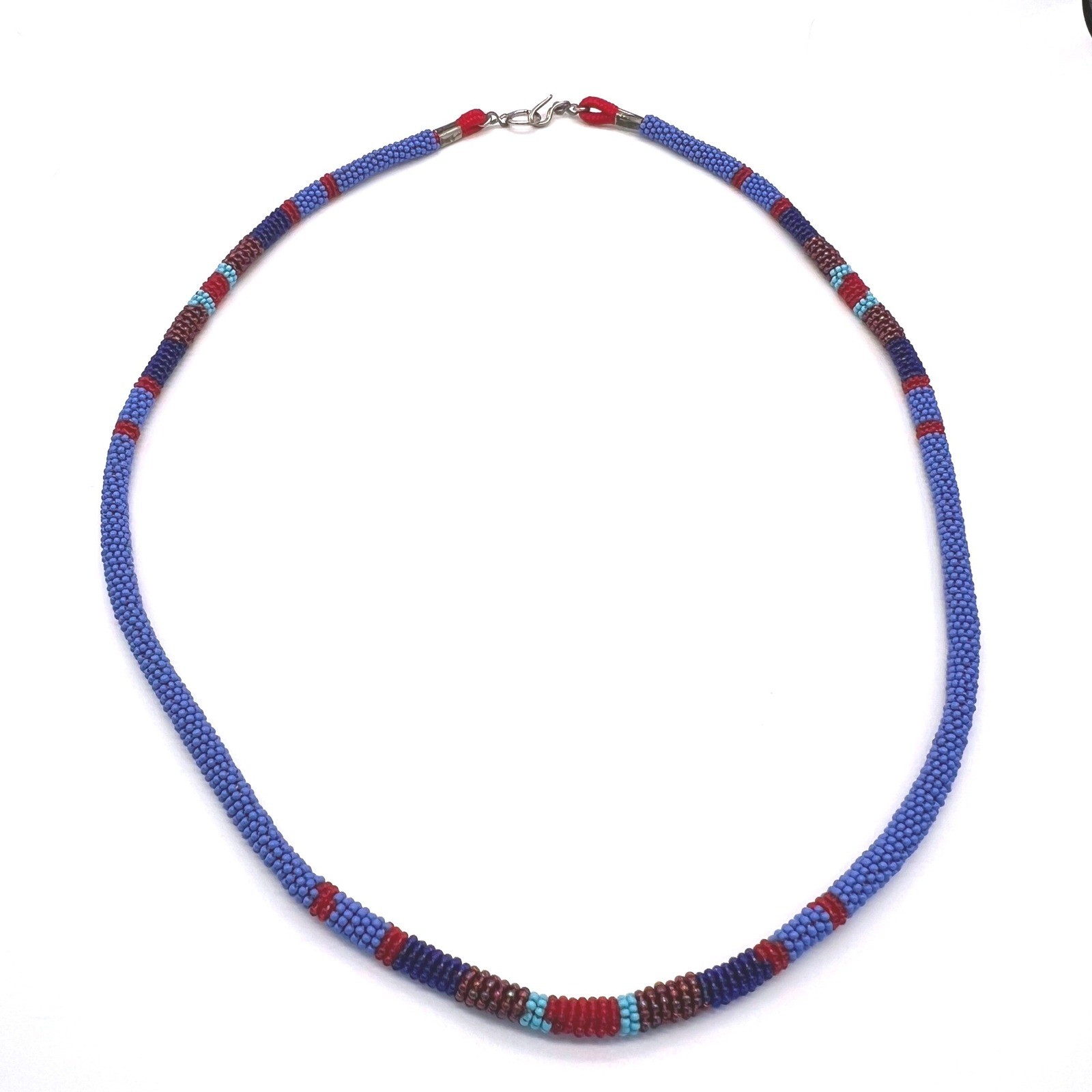 Vintage Seed Bead Necklace Blue Red Handmade Native American