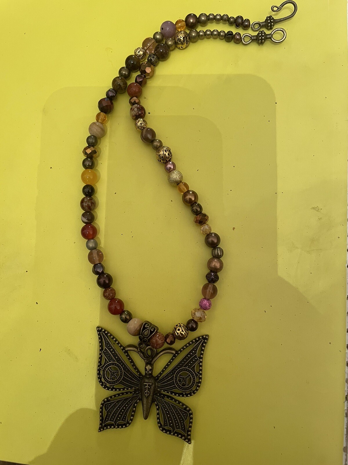 Retro Vintage Bronze Filigree Butterfly Pendant Jasper Hematite Crystal Necklace