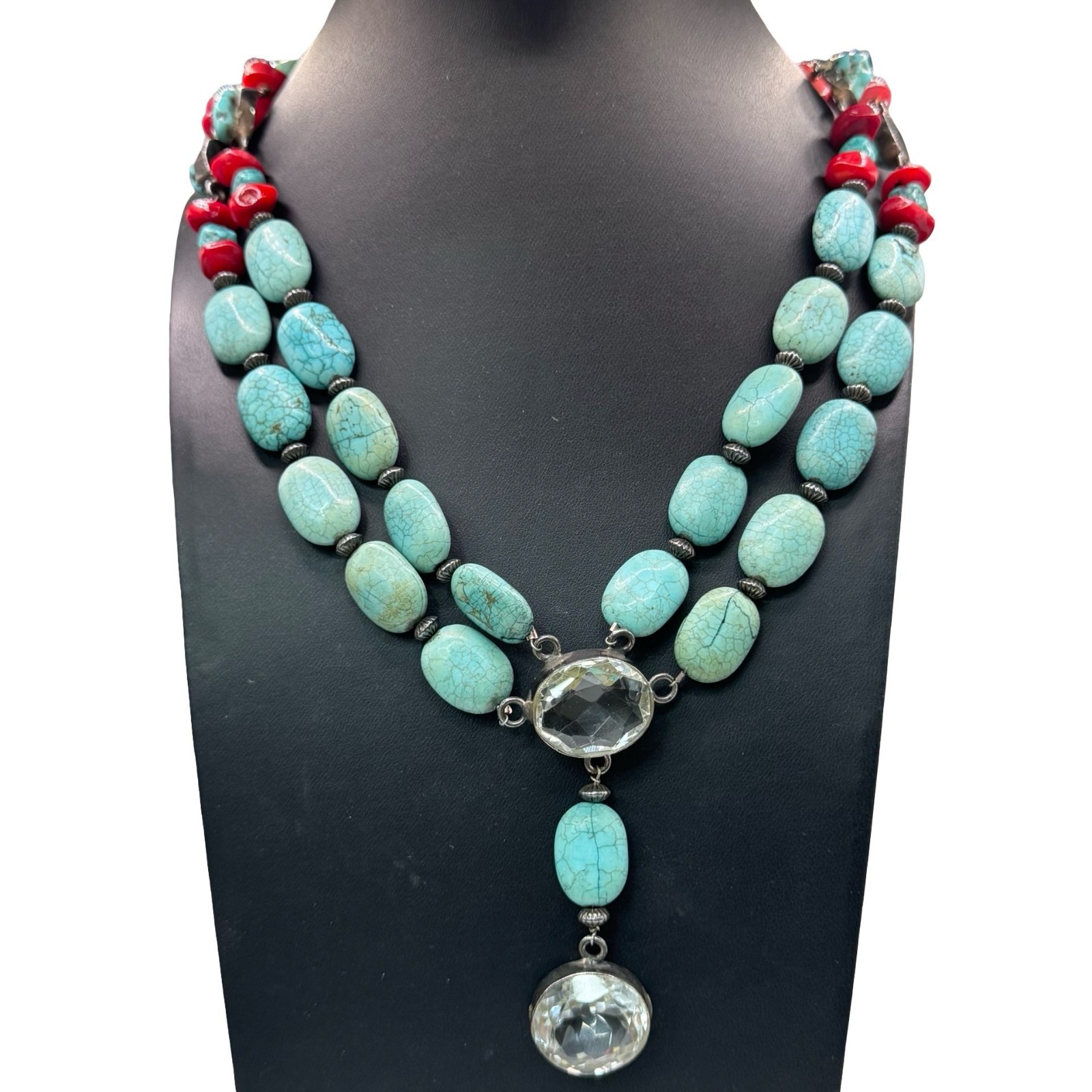 Artisan Turquoise & Red Coral Sterling Silver Necklace Clear Quartz18″ 925 READ