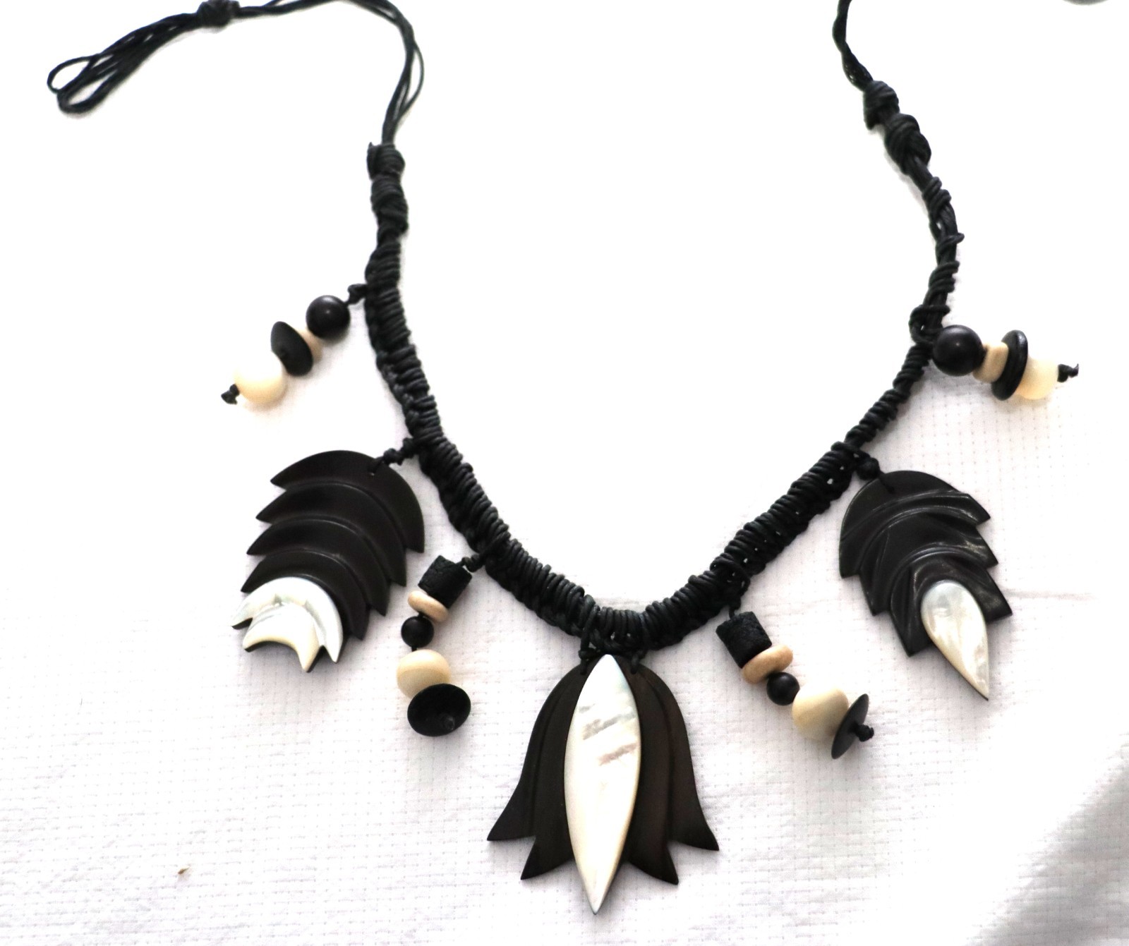 Tribal Ethnic Black Braided Nylon Cord Beaded Faux Peal 31″ Necklace NEW