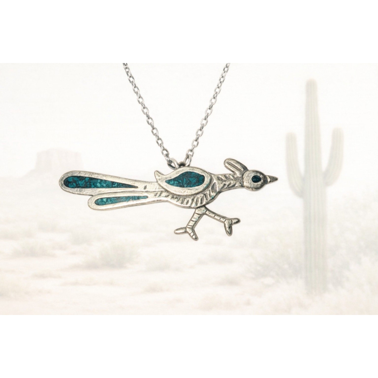 Sterling Silver Roadrunner Pendant Turquoise Inlay 16-In Chain Southwest