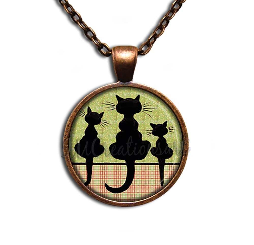Cat Silhouette Family Kitten Pet Owner Handmade Round Glass Pendant Necklace